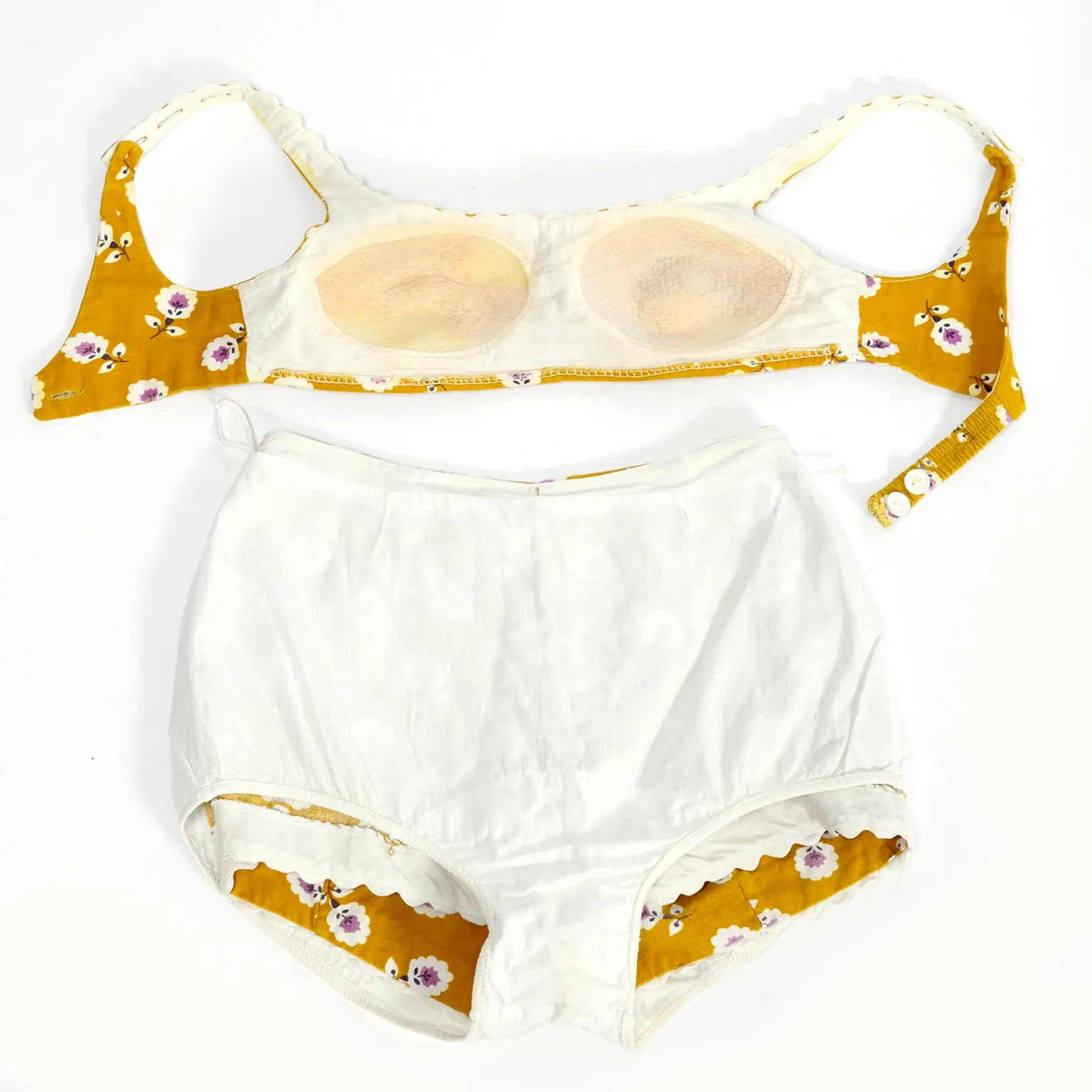 ﻿1960s Mustard Yellow Floral Two Piece Swimsuit or Playsuit