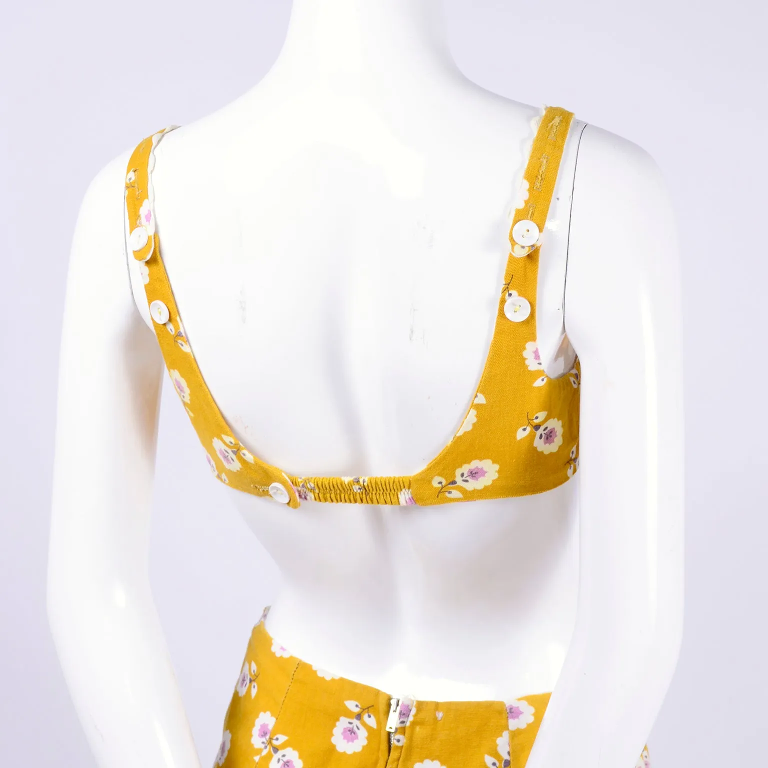 ﻿1960s Mustard Yellow Floral Two Piece Swimsuit or Playsuit