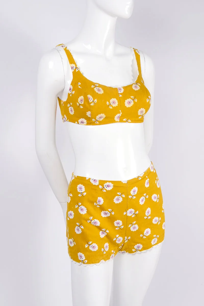 ﻿1960s Mustard Yellow Floral Two Piece Swimsuit or Playsuit