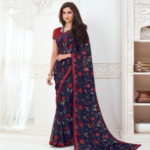 Adorable Navy Blue Colored Casual Wear Floral Printed Pure Georgette Saree