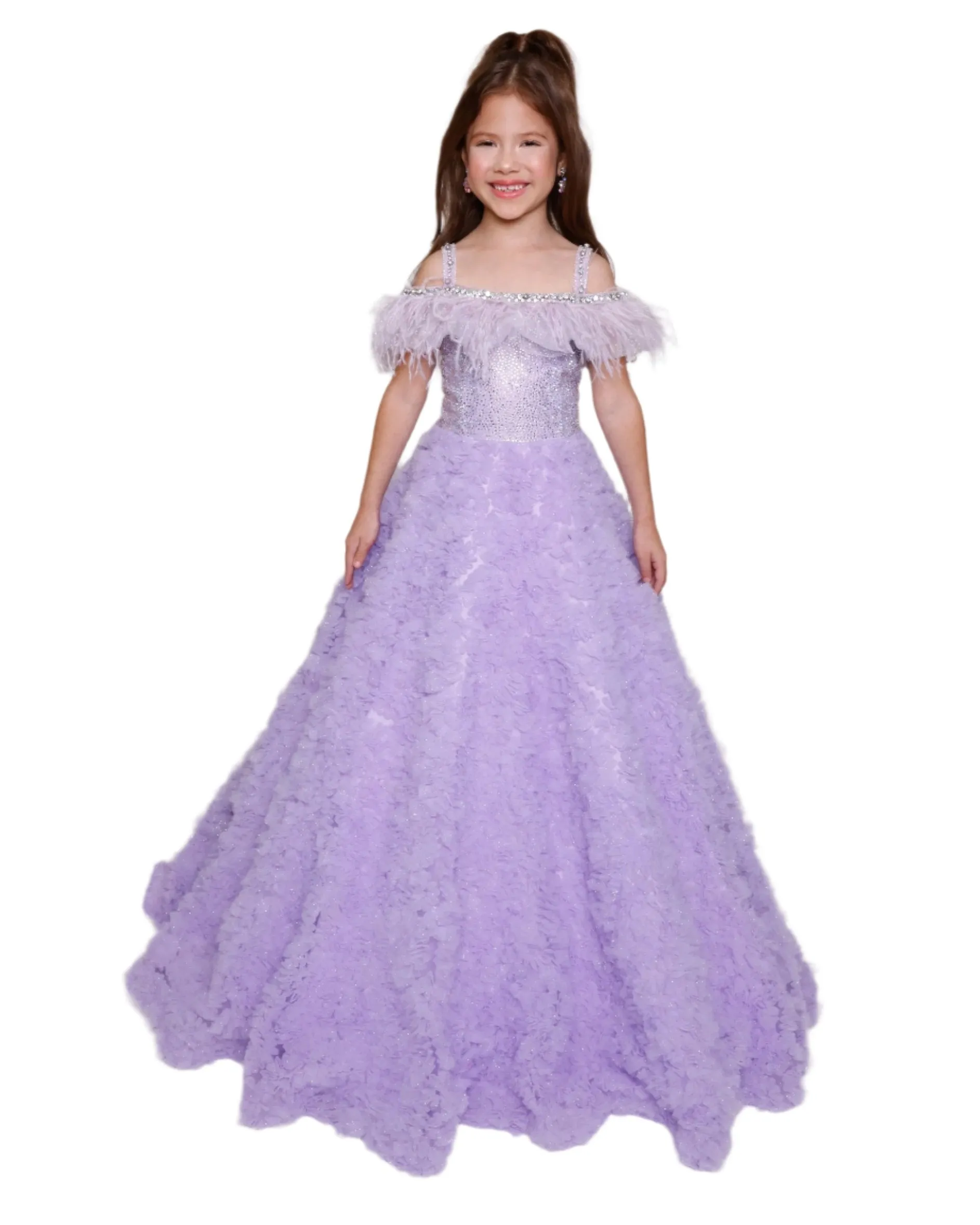 Ava Presley 39894 Size 4,6 Lilac Girls Pageant Dress Shimmer Feather Ballgown Crystal off the Shoulder Formal