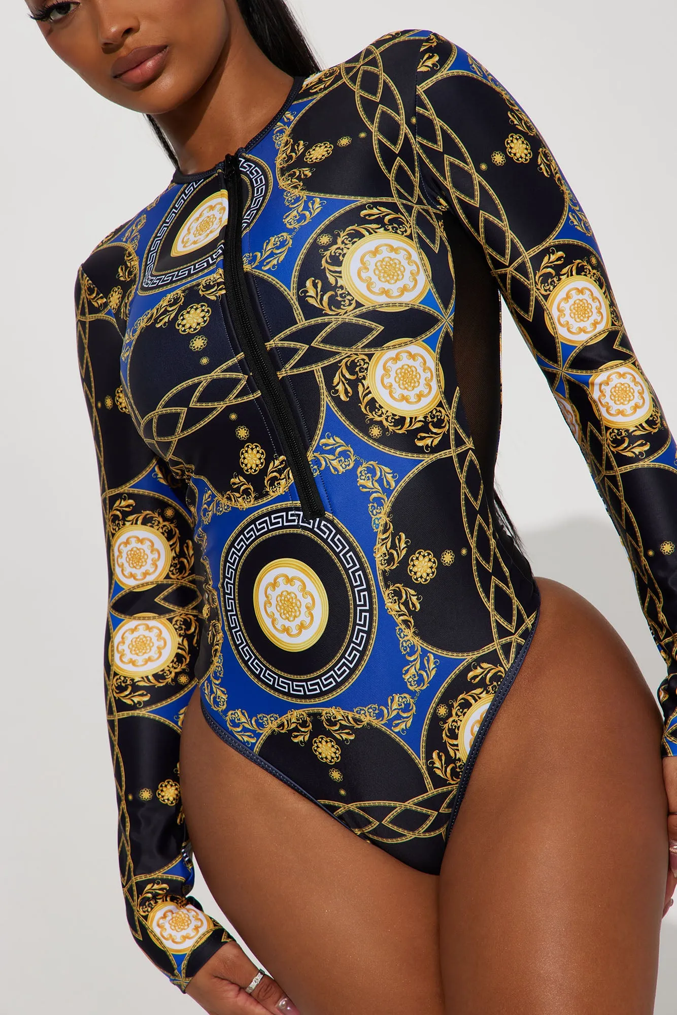 Baroque Stepper Long Sleeve 1 Piece Swimsuit - Blue/Black