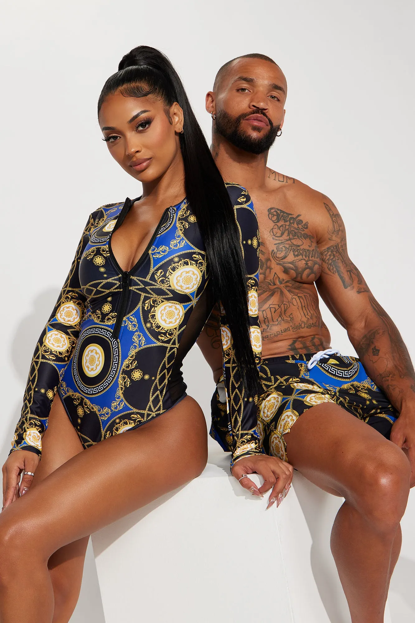 Baroque Stepper Long Sleeve 1 Piece Swimsuit - Blue/Black