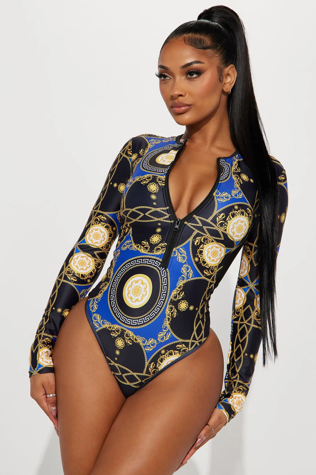Baroque Stepper Long Sleeve 1 Piece Swimsuit - Blue/Black