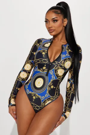 Baroque Stepper Long Sleeve 1 Piece Swimsuit - Blue/Black
