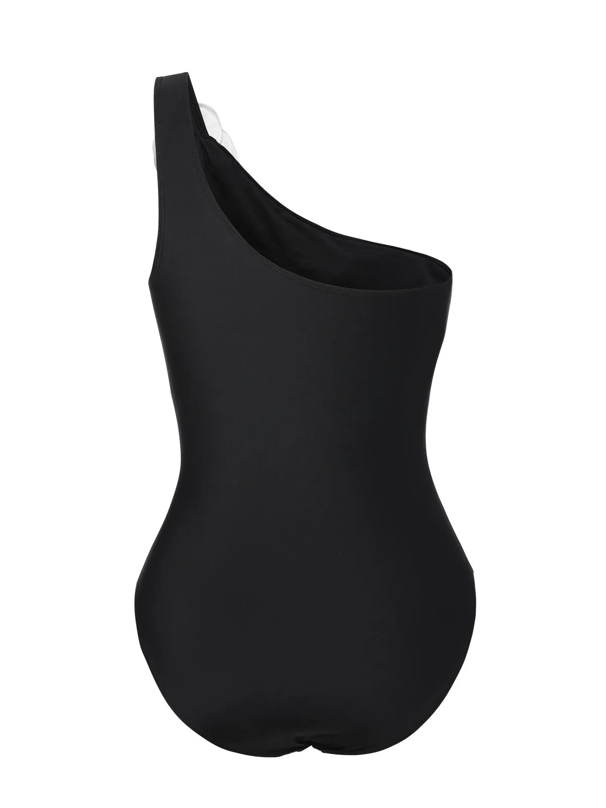 Black 1970s 3D Flower One-Shoulder Swimsuit