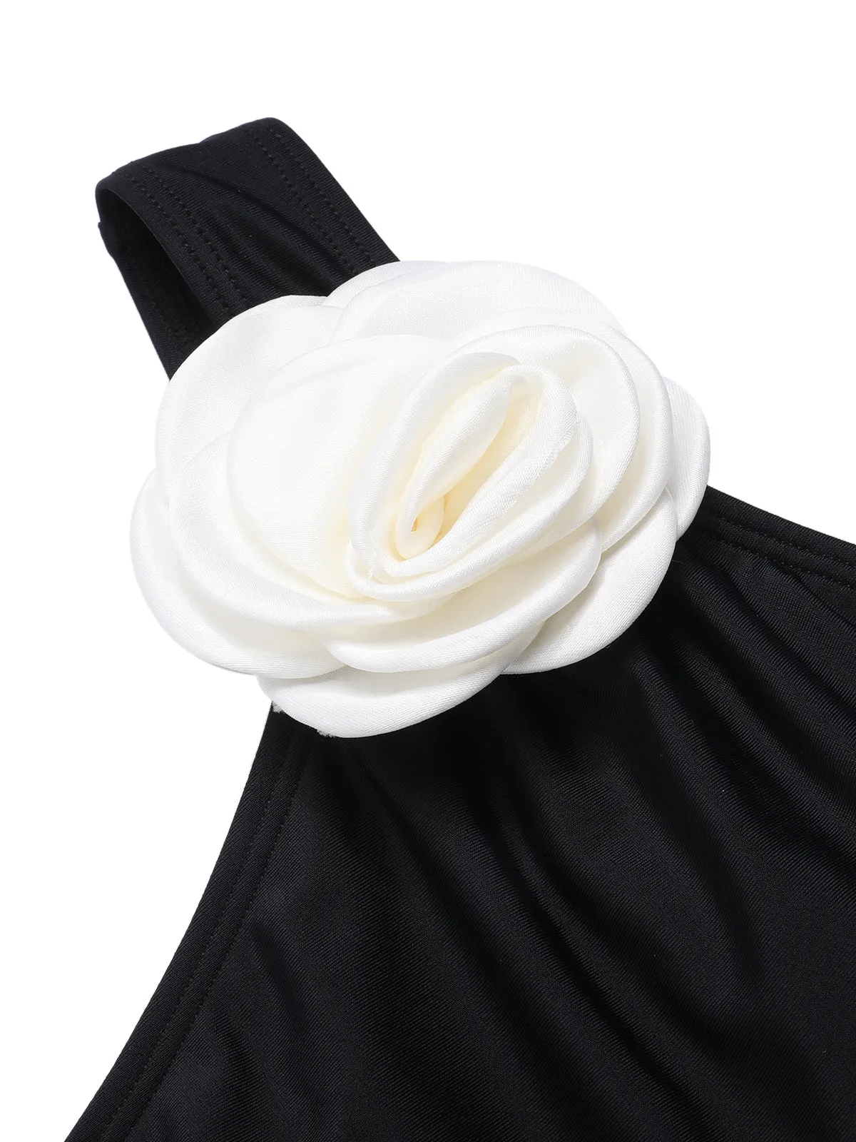 Black 1970s 3D Flower One-Shoulder Swimsuit