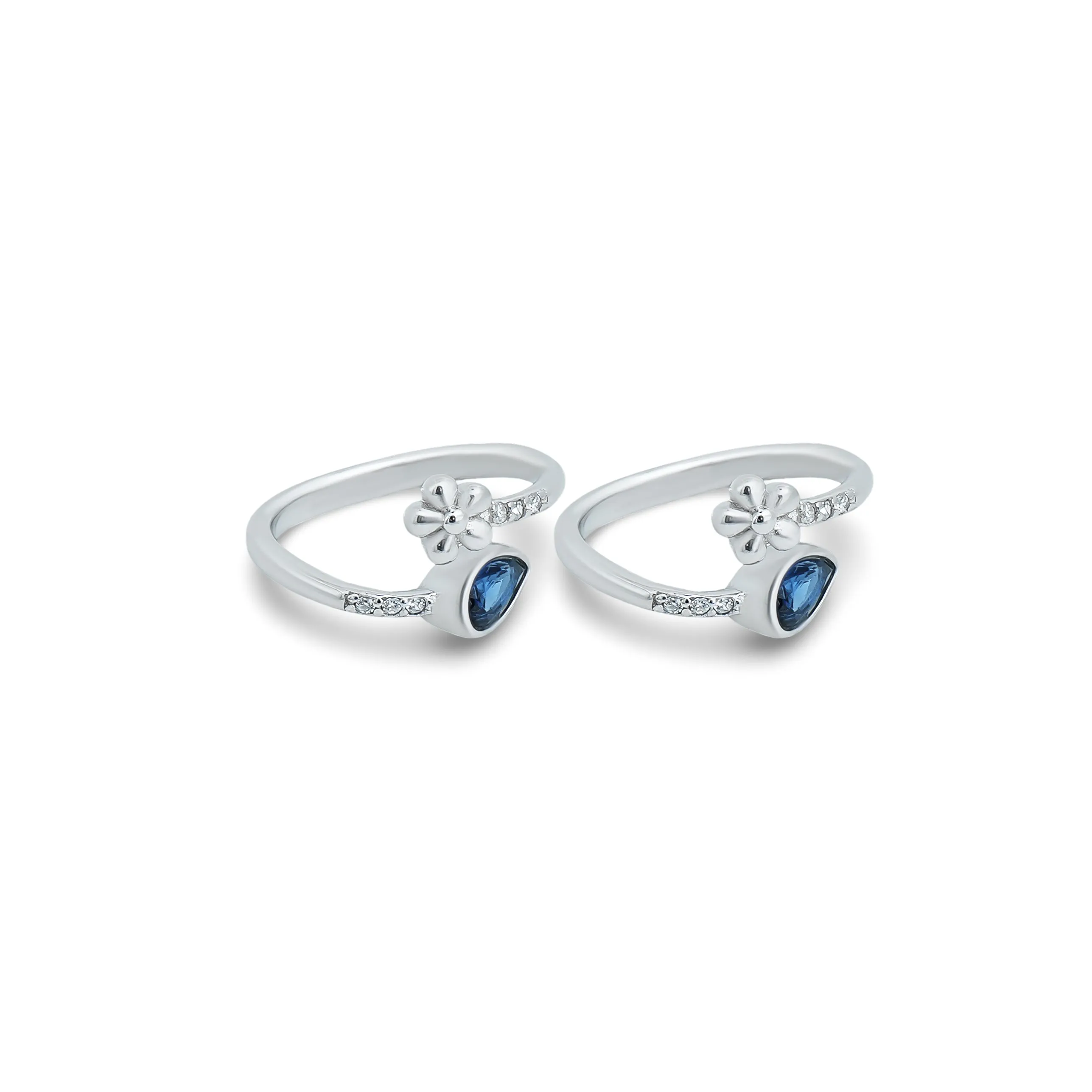 Blue Gemstone Teardrop Design Silver Ring with Flower Pattern