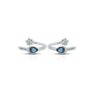 Blue Gemstone Teardrop Design Silver Ring with Flower Pattern