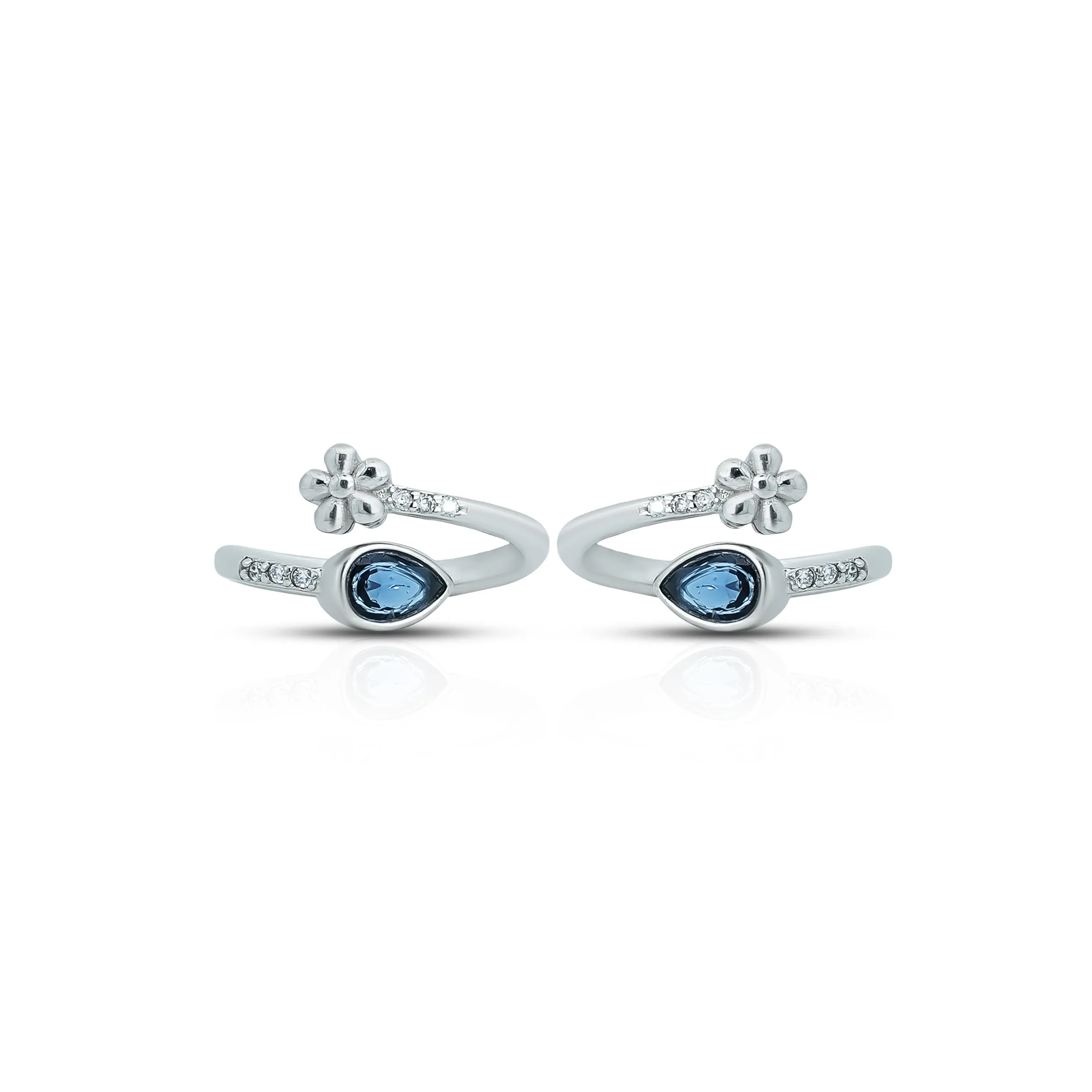 Blue Gemstone Teardrop Design Silver Ring with Flower Pattern