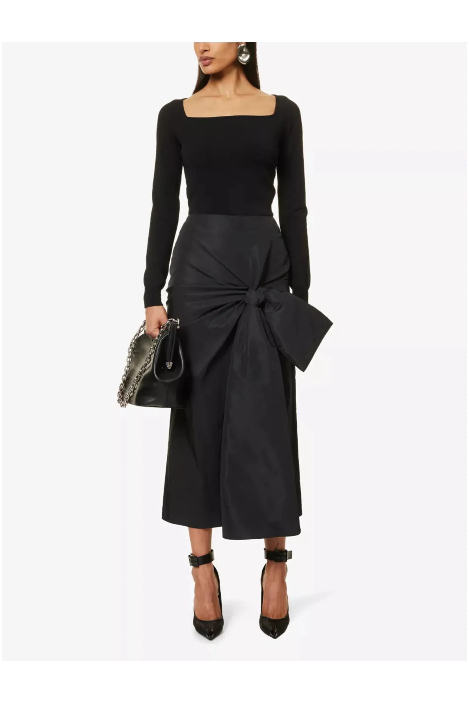 Bow-embellished slim-fit woven midi skirt
