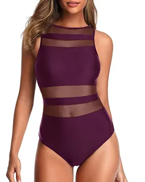 Charming Curves See Through Sheer One Piece Swimsuits Sheer Swimsuits-Maroon