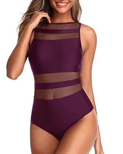 Charming Curves See Through Sheer One Piece Swimsuits Sheer Swimsuits-Maroon