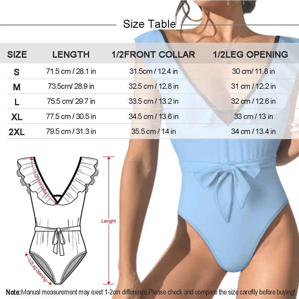 Custom Face American Flag Style V Neck Ruffle One Piece Swimsuit Sexy Belt Custom Picture Bathing Suit Tie Back