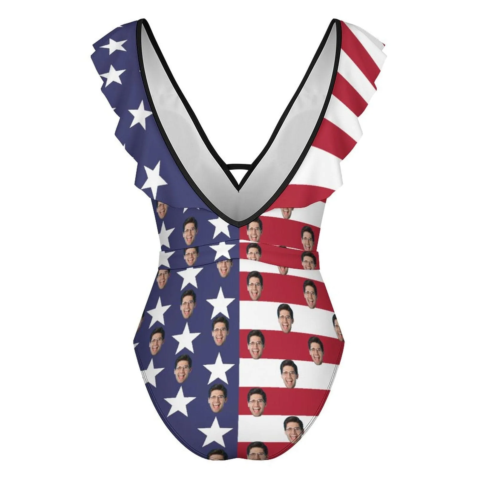 Custom Face American Flag Style V Neck Ruffle One Piece Swimsuit Sexy Belt Custom Picture Bathing Suit Tie Back