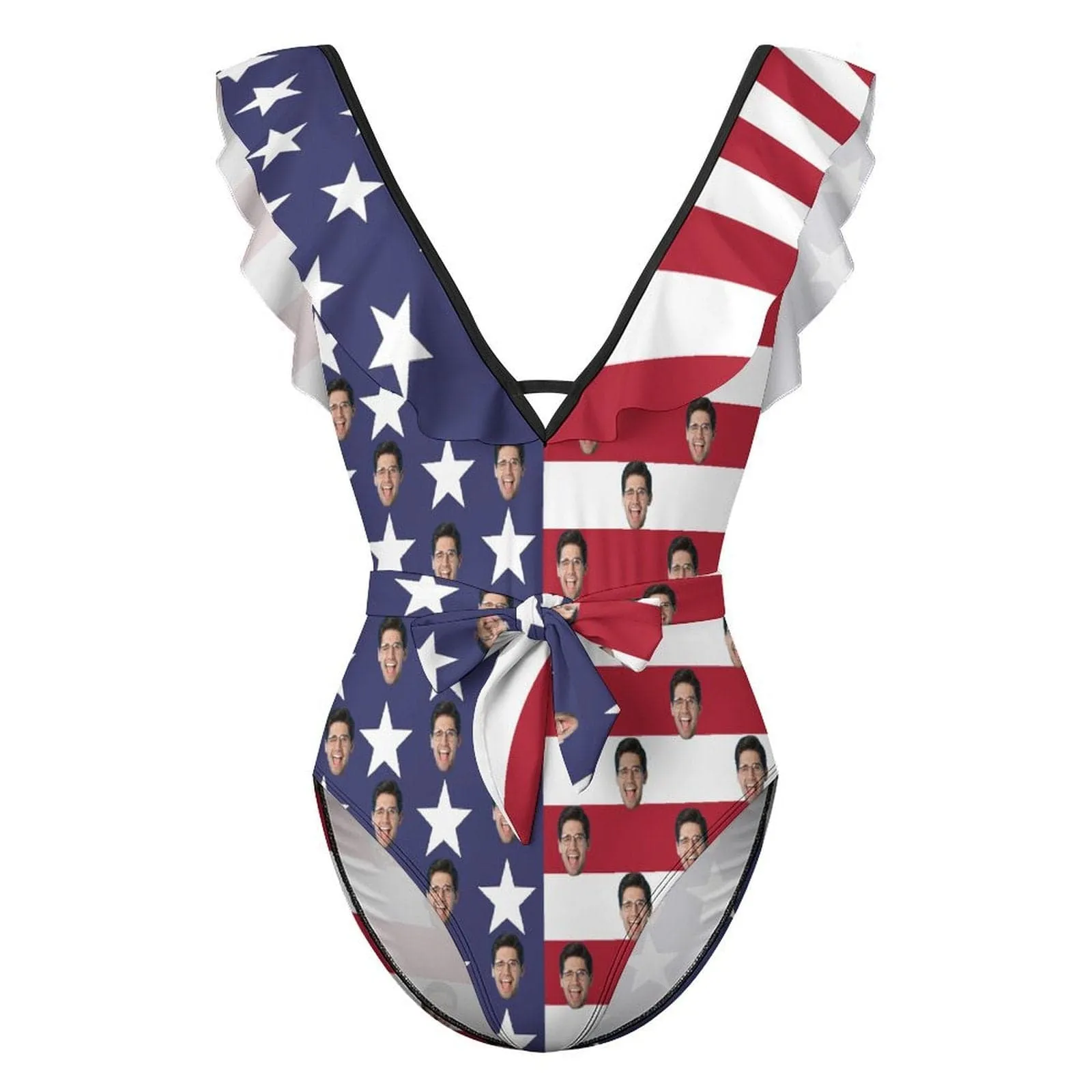 Custom Face American Flag Style V Neck Ruffle One Piece Swimsuit Sexy Belt Custom Picture Bathing Suit Tie Back