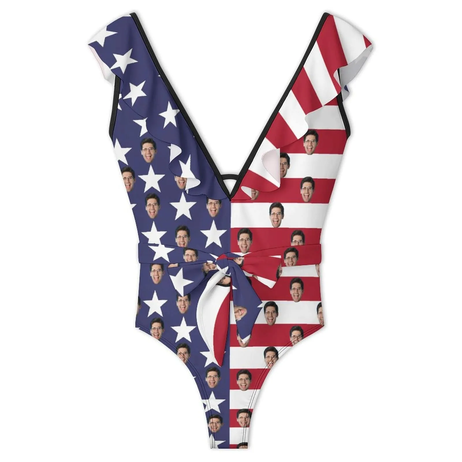 Custom Face American Flag Style V Neck Ruffle One Piece Swimsuit Sexy Belt Custom Picture Bathing Suit Tie Back