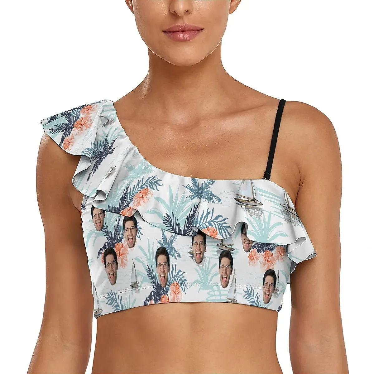 Custom Face Blue Leaves Bikini Top&Bottom Off Shoulder Ruffle Bikini Top High Waisted Bikini Bottom