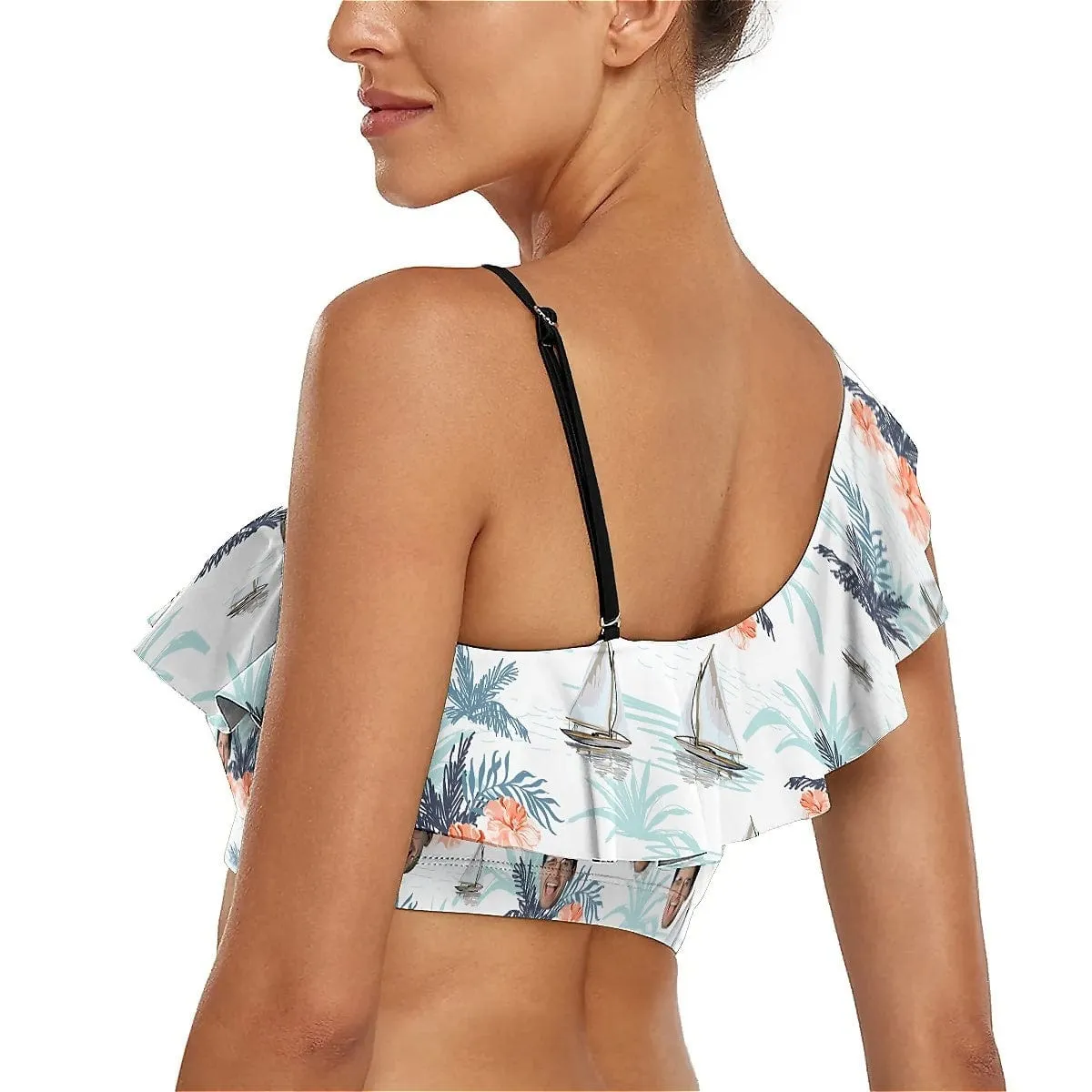 Custom Face Blue Leaves Bikini Top&Bottom Off Shoulder Ruffle Bikini Top High Waisted Bikini Bottom