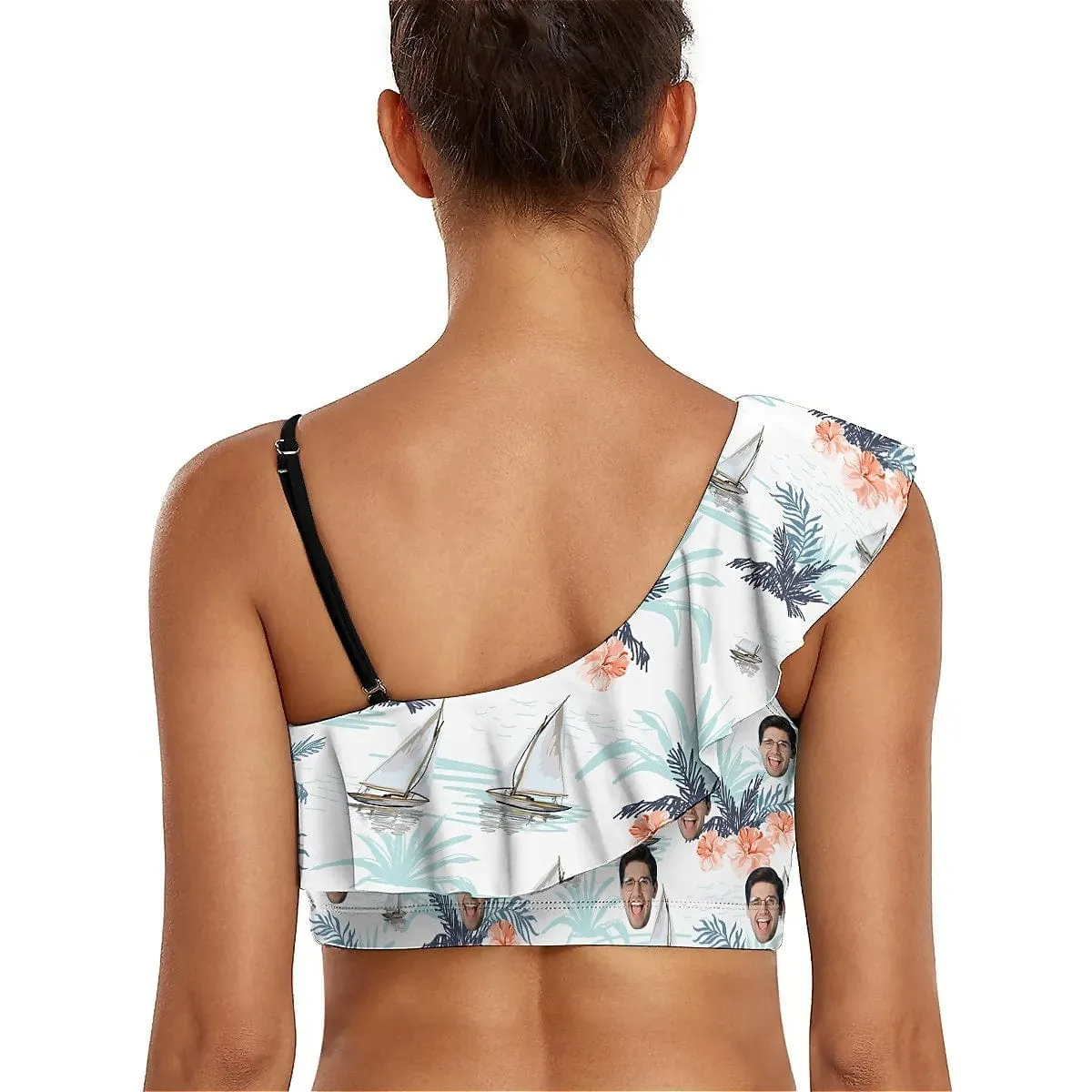 Custom Face Blue Leaves Bikini Top&Bottom Off Shoulder Ruffle Bikini Top High Waisted Bikini Bottom