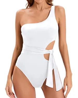 Cut Out One Shoulder Swimsuit Cutout Swimwear Monokini-White