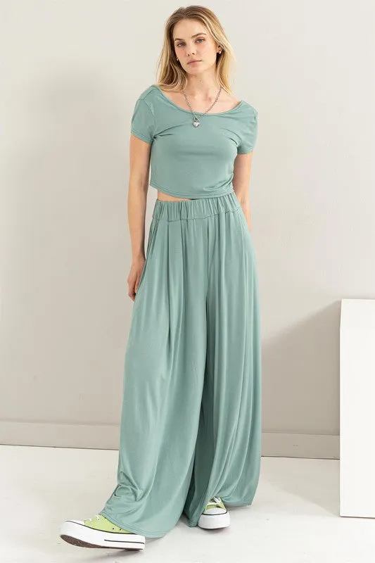 D.Blue Jersey Top And Wide Leg Pants Set