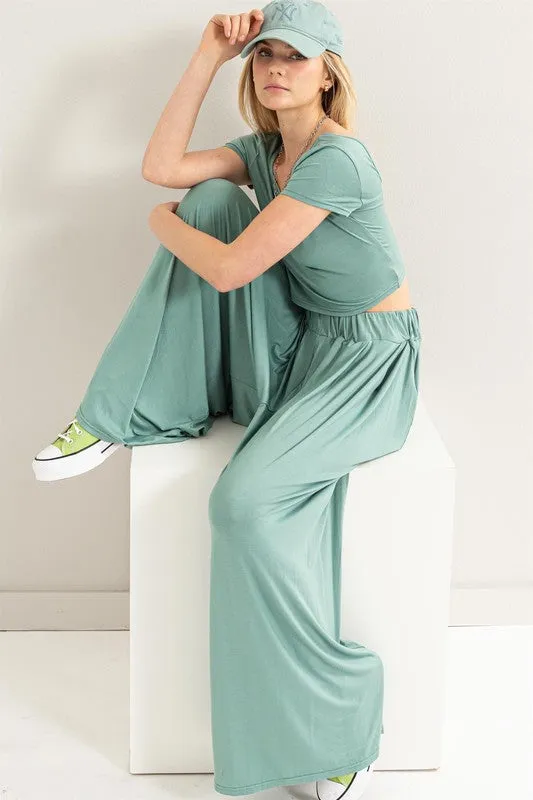 D.Blue Jersey Top And Wide Leg Pants Set