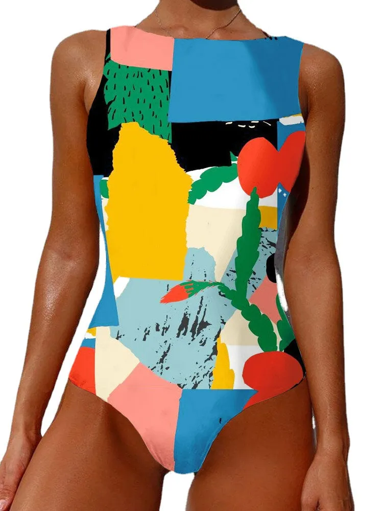 Floral Abstract Print Backless Slimming Swimsuit
