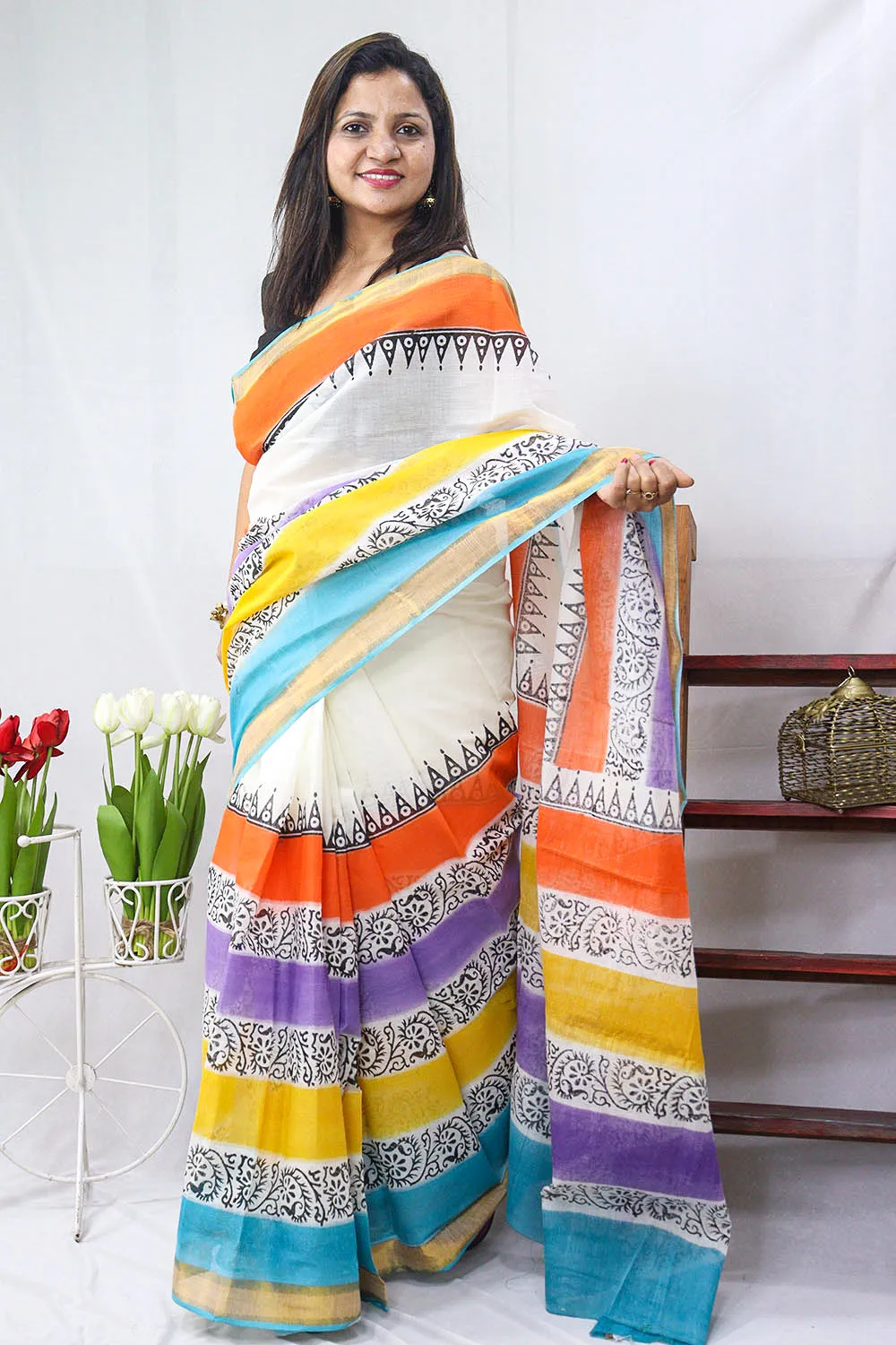 Hand Painted Kerala Cotton Saree - Elegant Off White Design