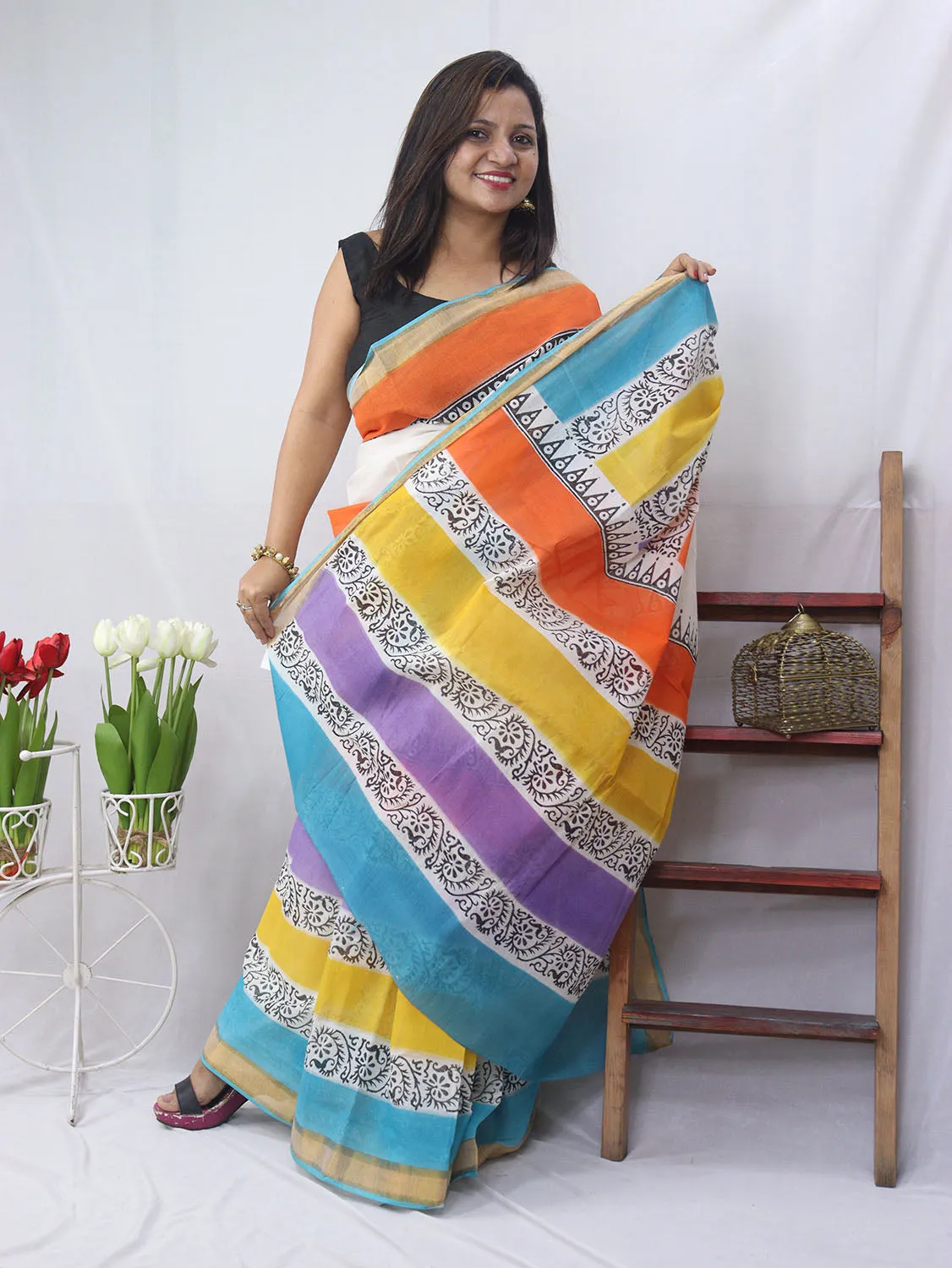 Hand Painted Kerala Cotton Saree - Elegant Off White Design