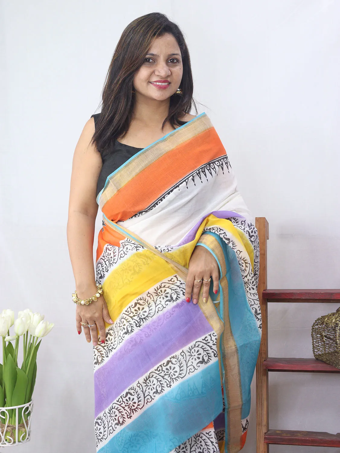 Hand Painted Kerala Cotton Saree - Elegant Off White Design