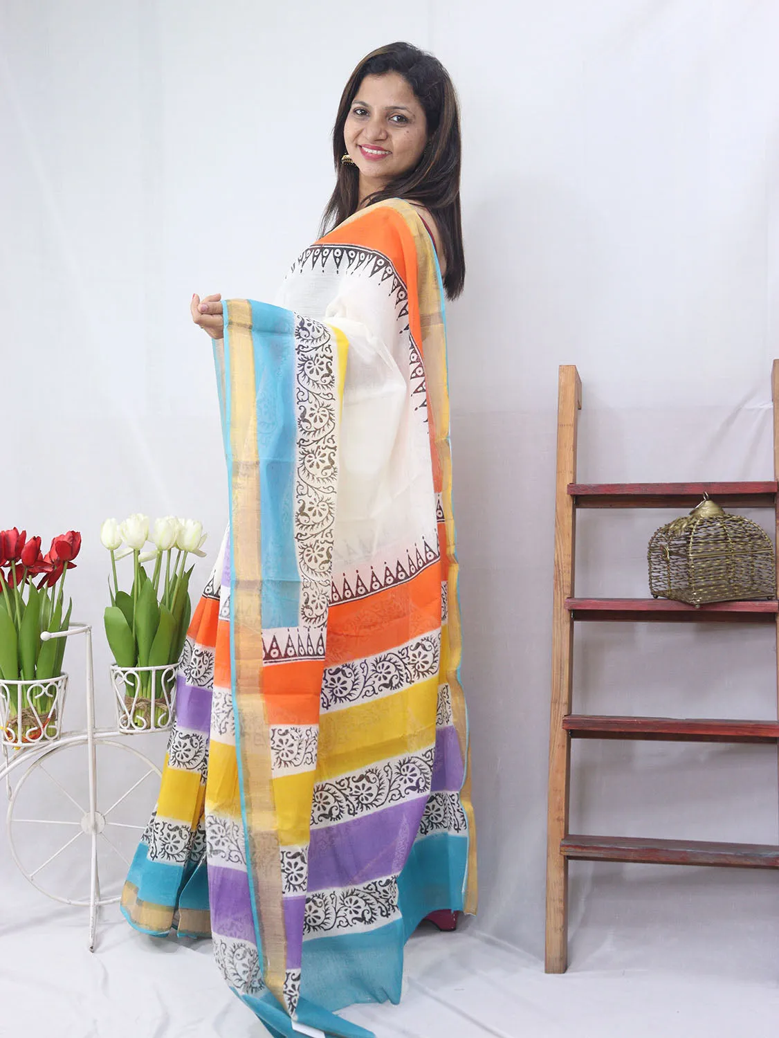 Hand Painted Kerala Cotton Saree - Elegant Off White Design
