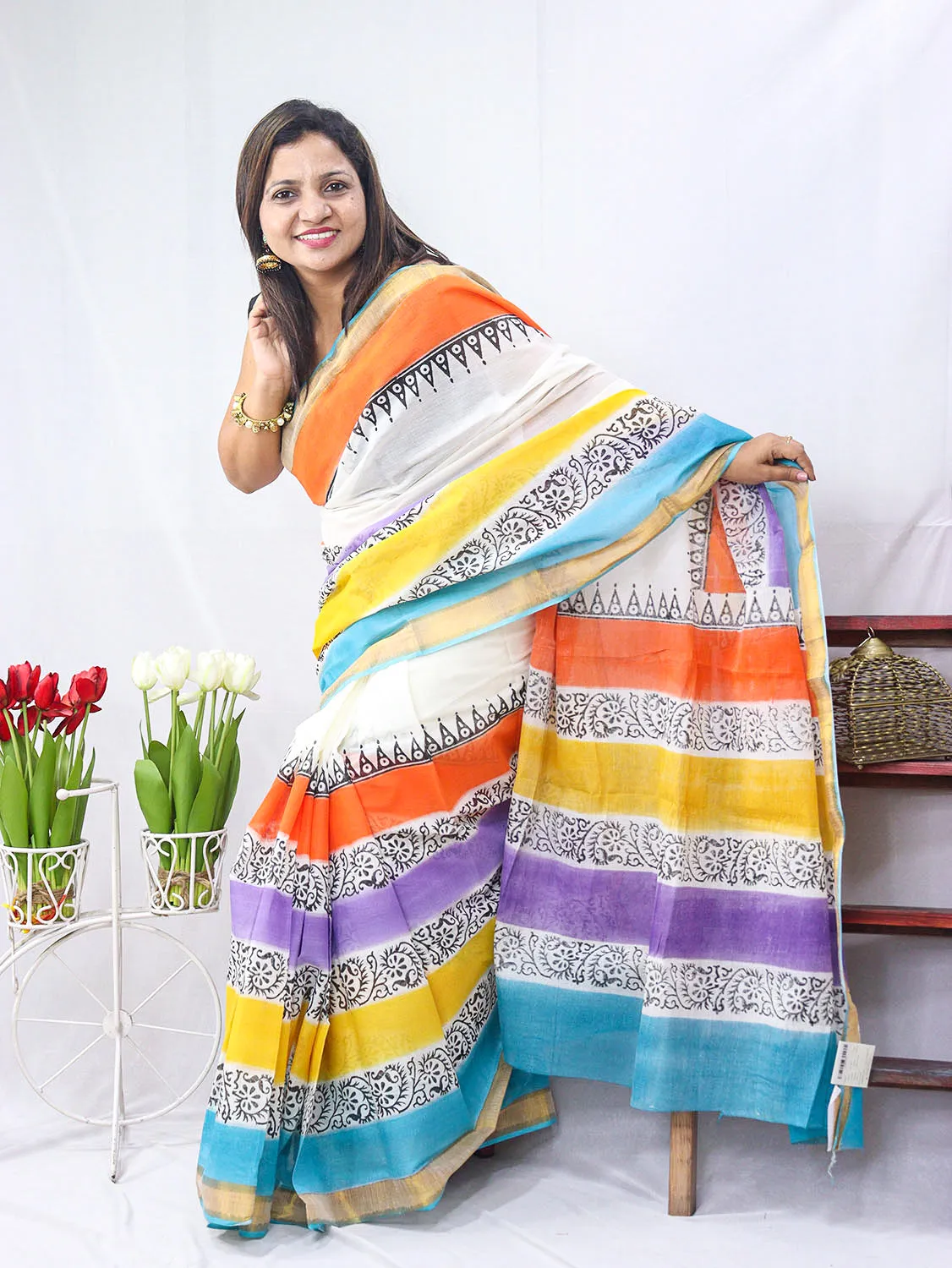 Hand Painted Kerala Cotton Saree - Elegant Off White Design