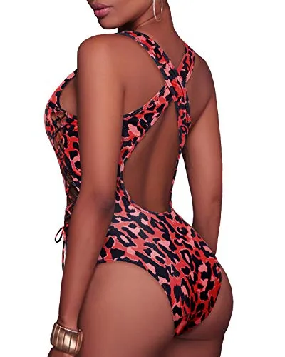 High Cut Lace Up Monokini Strappy Cutout Swimwear-Red Leopard