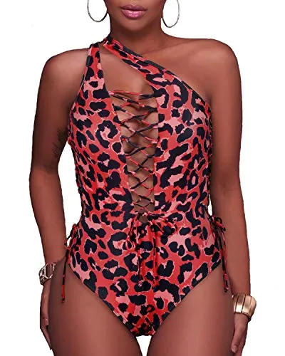 High Cut Lace Up Monokini Strappy Cutout Swimwear-Red Leopard