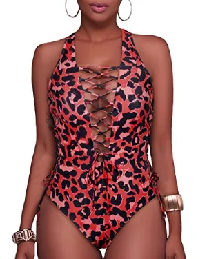High Cut Lace Up Monokini Strappy Cutout Swimwear-Red Leopard