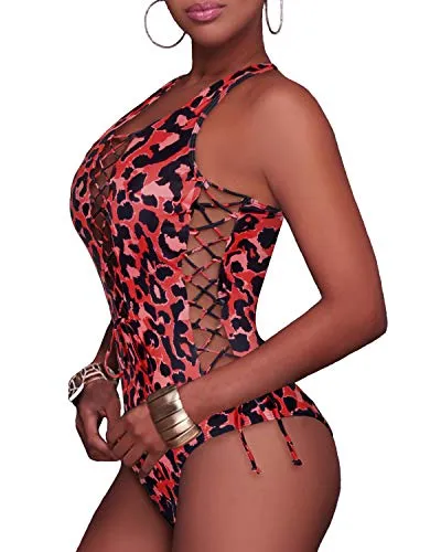 High Cut Lace Up Monokini Strappy Cutout Swimwear-Red Leopard