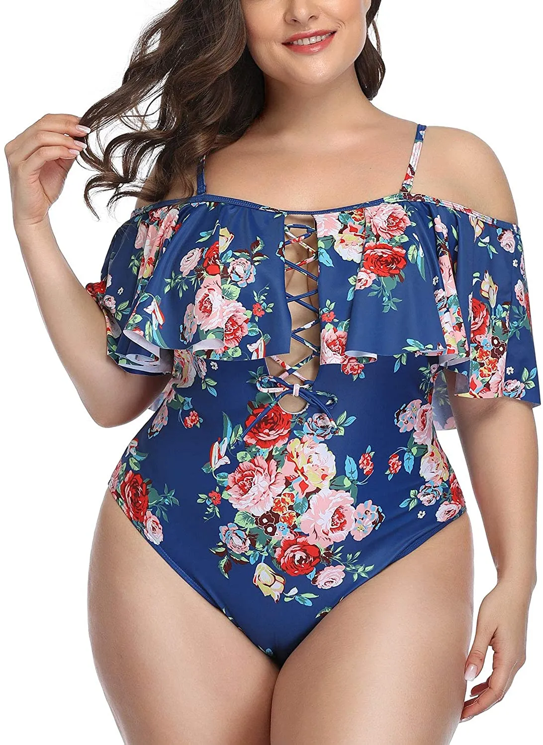 Leopard Women Plus Size One Piece Tummy Control Flounce Bathing Suits