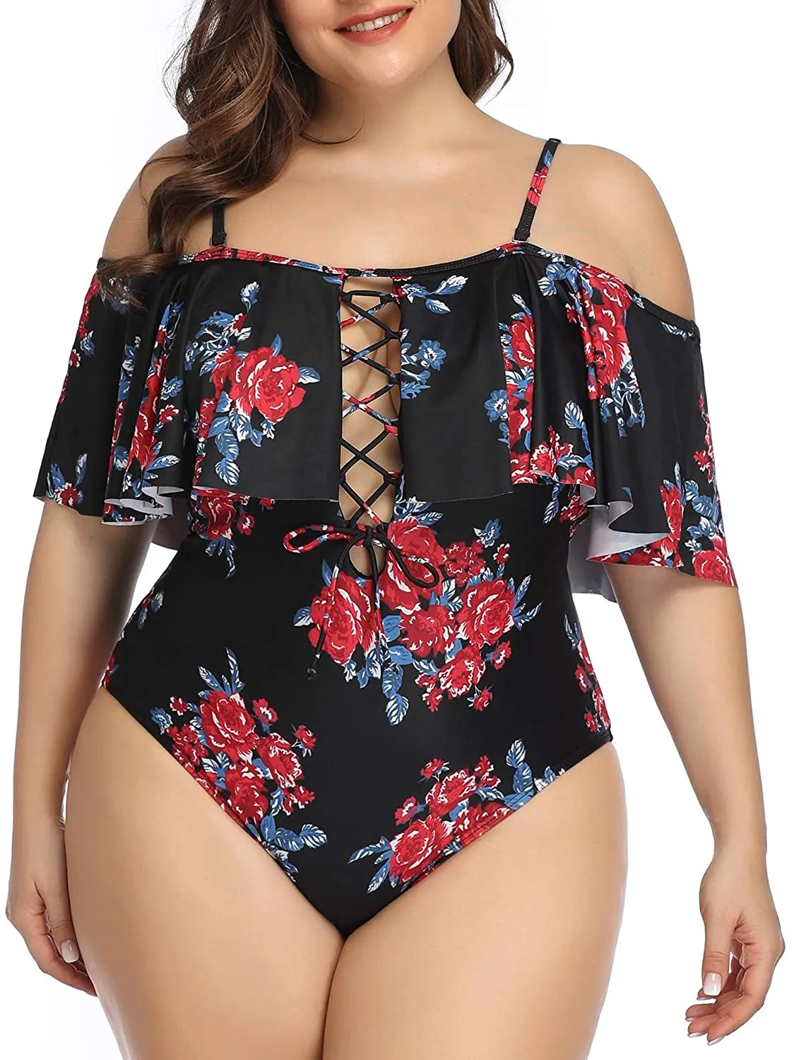 Leopard Women Plus Size One Piece Tummy Control Flounce Bathing Suits