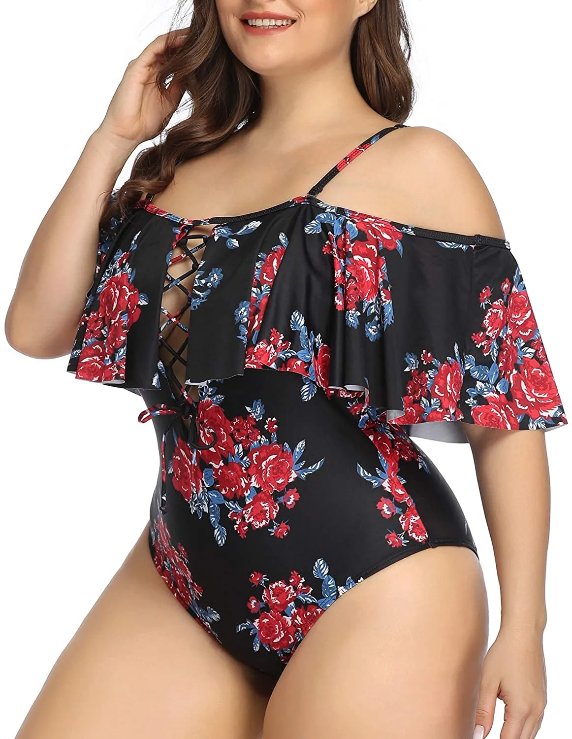 Leopard Women Plus Size One Piece Tummy Control Flounce Bathing Suits