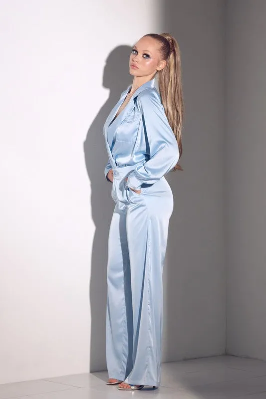 Light Blue Long Sleeve Satin Set