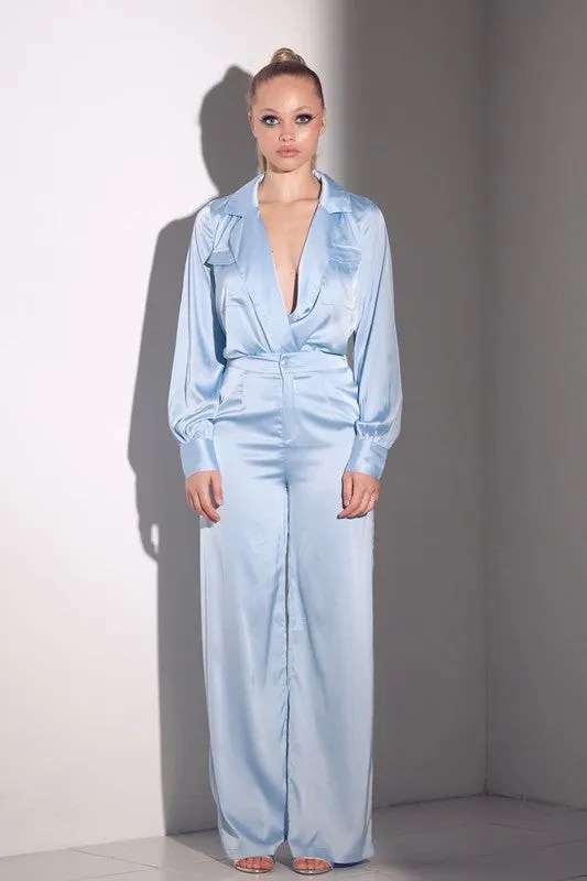 Light Blue Long Sleeve Satin Set