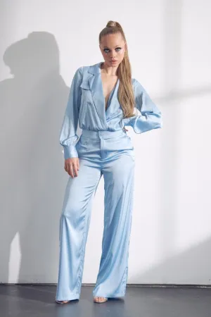 Light Blue Long Sleeve Satin Set