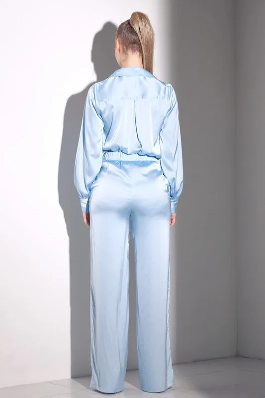 Light Blue Long Sleeve Satin Set
