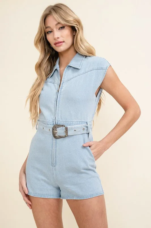 Light Denim Sleeveless Zip Up Belted Jean Romper