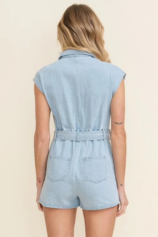 Light Denim Sleeveless Zip Up Belted Jean Romper