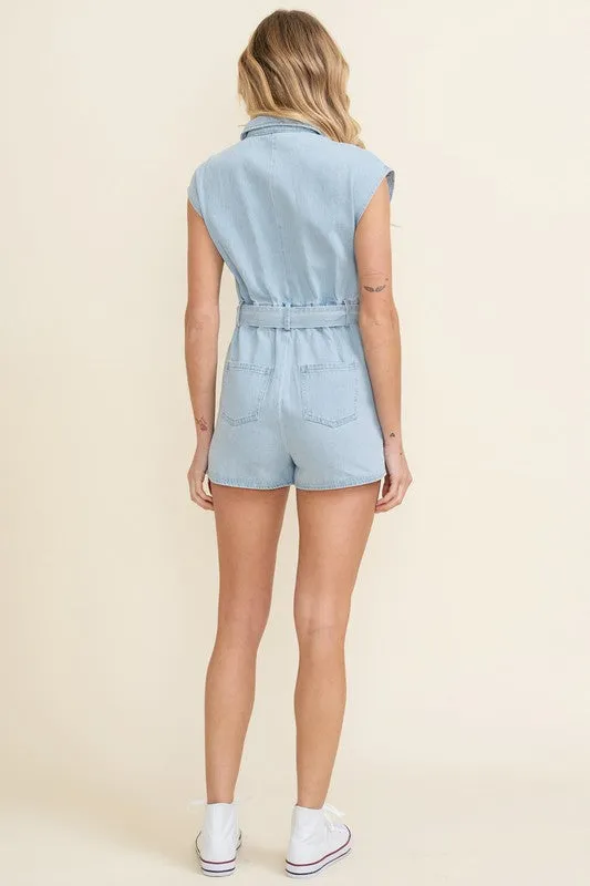 Light Denim Sleeveless Zip Up Belted Jean Romper
