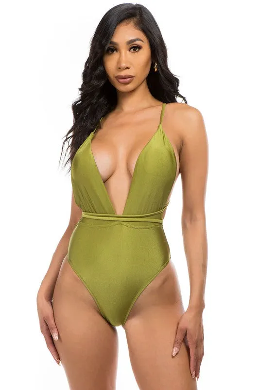Mermaid Swimwear Crisscross Tie Back Deep V One Piece Swimsuit