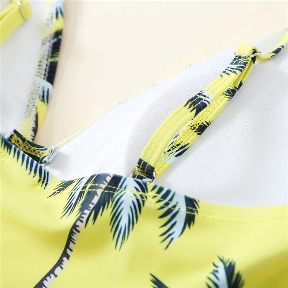 Mother Daughter Matching Swimsuits Yellow Coconut Tree One Piece Swimwear