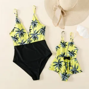Mother Daughter Matching Swimsuits Yellow Coconut Tree One Piece Swimwear